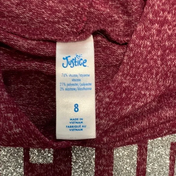 Justice Maroon Hooded Sweatshirt with Silver Glitter Logo Size 8 - Picture 2 of 3